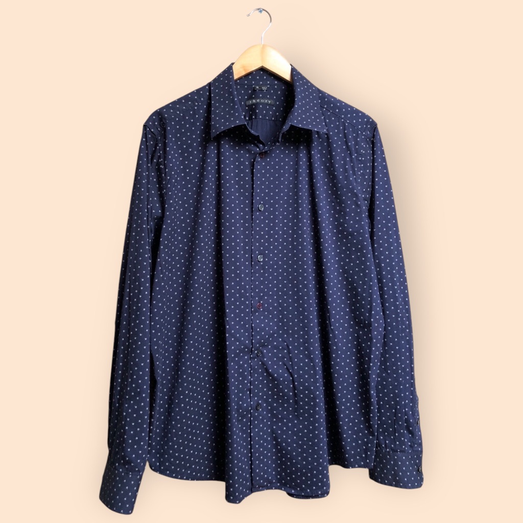 Theory Mens Navy Blue Designer Speckled Subtle Floral Button Down Shirt Mens Xl